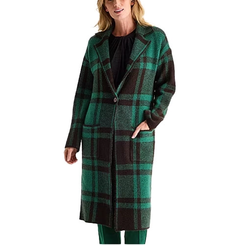 A long, green and brown plaid coat worn by a person, featuring a single button closure and two pockets.