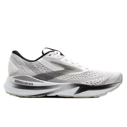 A white and black athletic running shoe with \“Adrenaline GTS\“ marked on the midsole, featuring a mesh upper for breathability and a cushioned sole for support.