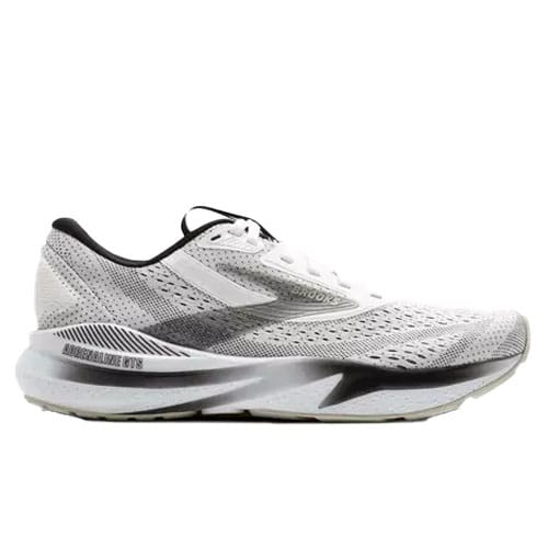 A white and black athletic running shoe with \“Adrenaline GTS\“ marked on the midsole, featuring a mesh upper for breathability and a cushioned sole for support.