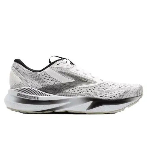 A white and black athletic running shoe with \“Adrenaline GTS\“ marked on the midsole, featuring a mesh upper for breathability and a cushioned sole for support.