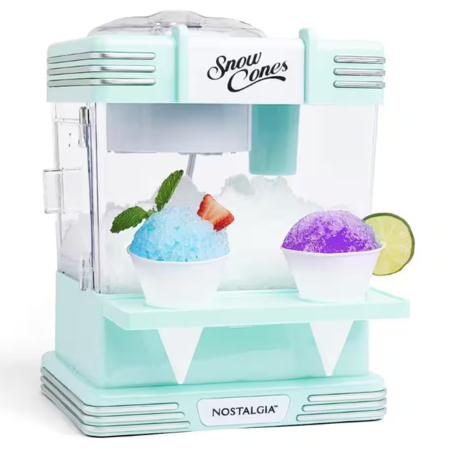 Nostalgia snow cone machine in mint green with two snow cones—one blue with a mint garnish and strawberry, and one purple with a lime slice.