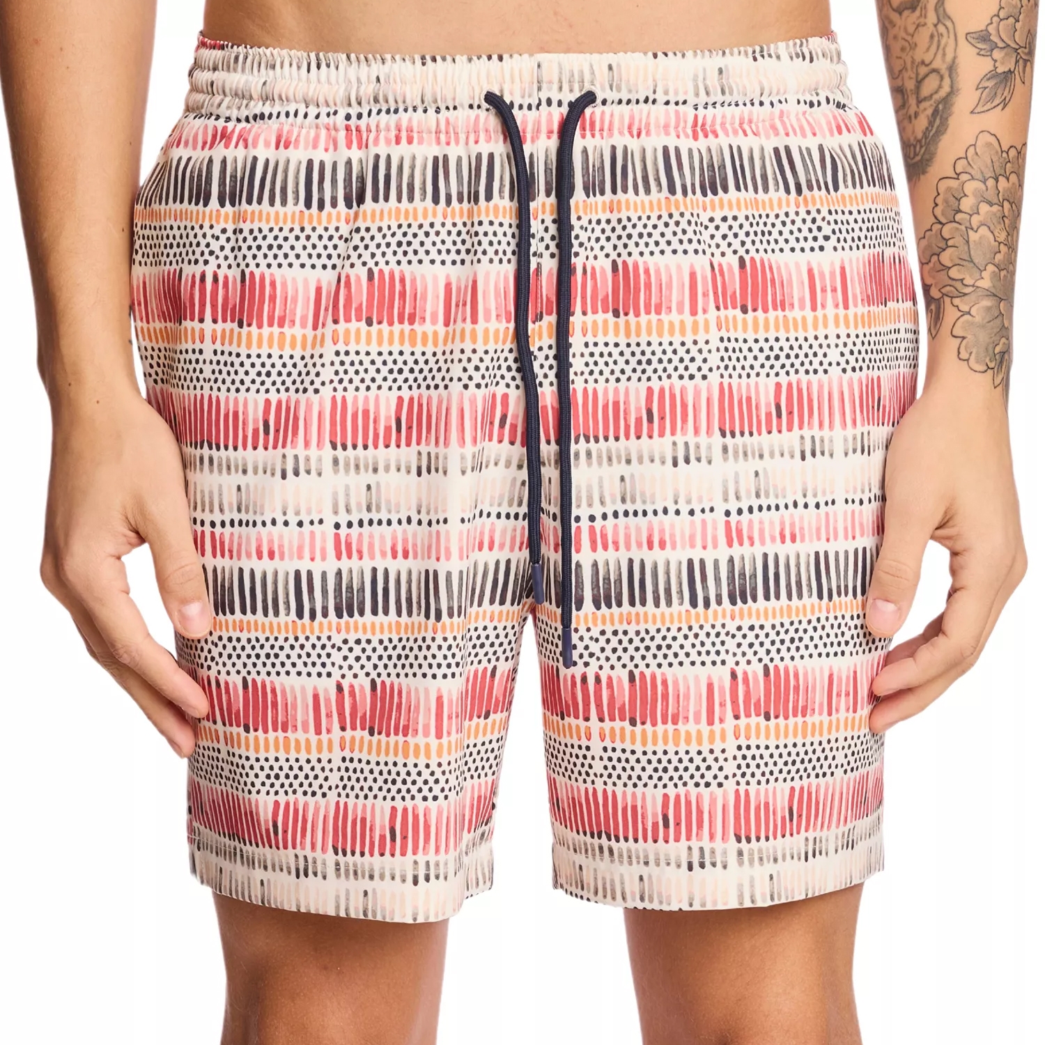 Men's swim shorts with a colorful, abstract pattern featuring horizontal stripes and dots, equipped with an elastic waistband and drawstring for adjustment.