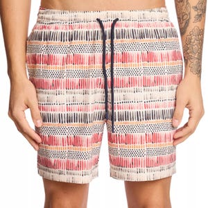 Men's swim shorts with a colorful, abstract pattern featuring horizontal stripes and dots, equipped with an elastic waistband and drawstring for adjustment.
