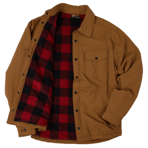 Brown shirt jacket with black snap buttons and a single chest pocket. The inside features a red and black checkered flannel lining for added warmth.