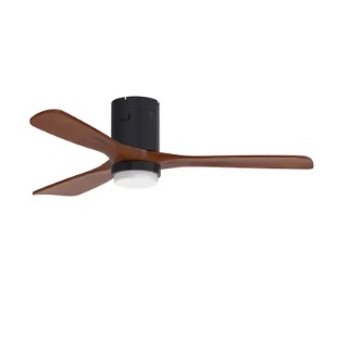 Ceiling fan with a modern design, featuring three wooden blades and a central light fixture, paired with a black mount.