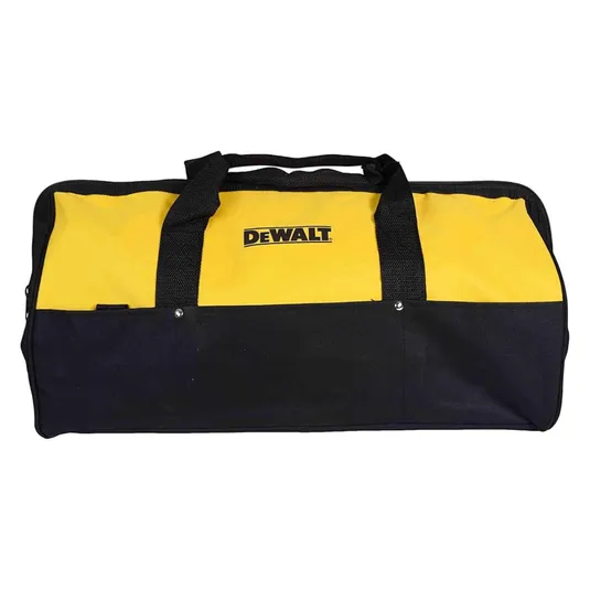 A yellow and black DEWALT tool bag with two sturdy handles, featuring the brand's logo on the front.