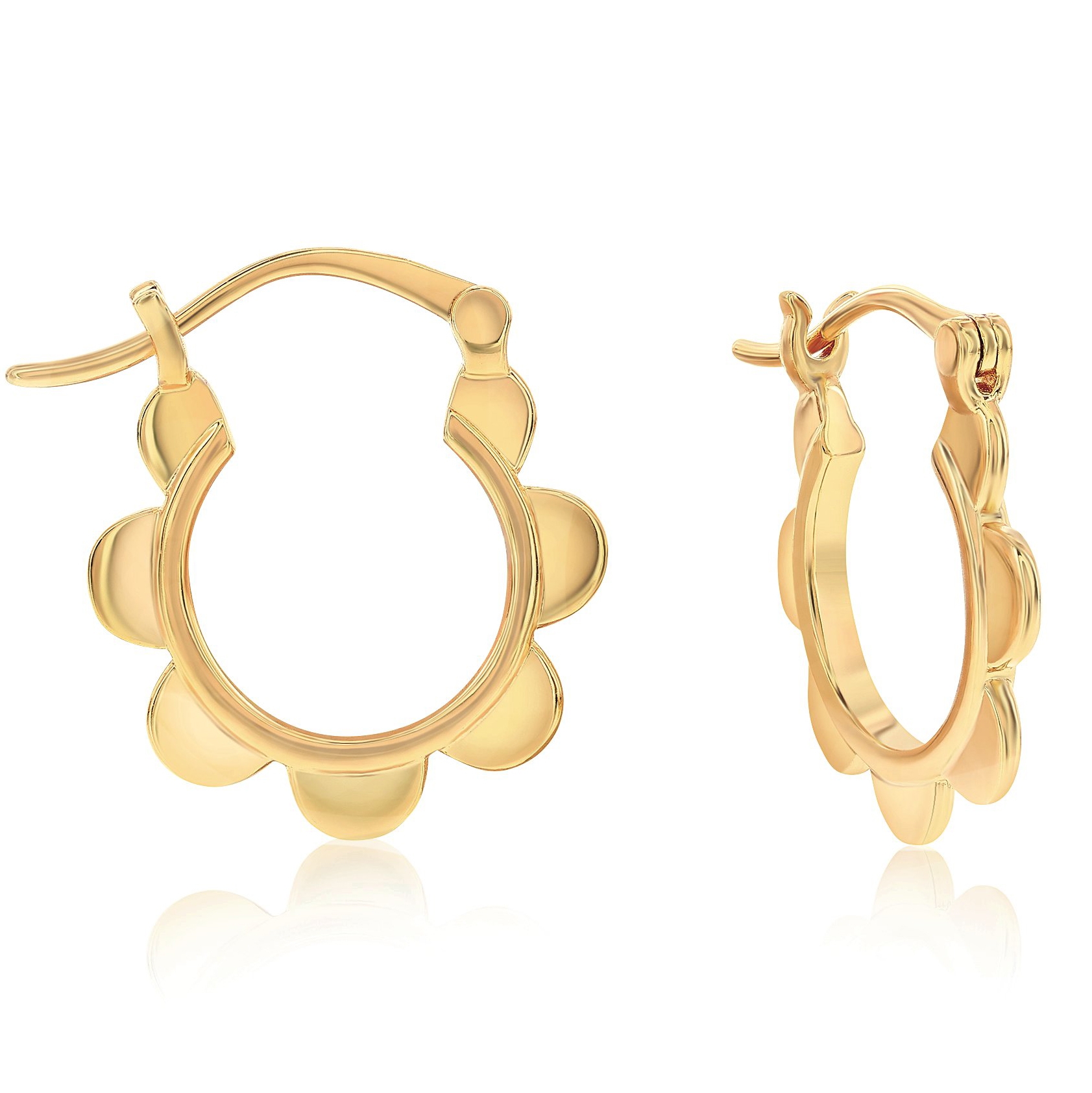 Gold hoop earrings with a petal-like design along the outer edge, featuring a hinged closure.