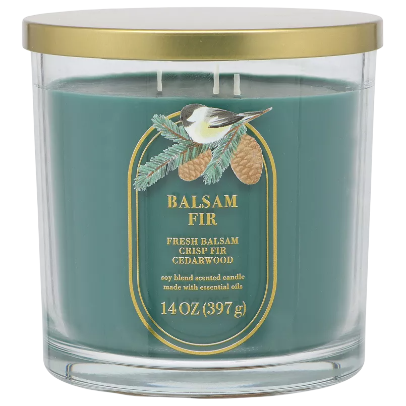 Balsam Fir scented soy blend candle with hints of fresh balsam, crisp fir, and cedarwood; 14 oz (397 g).