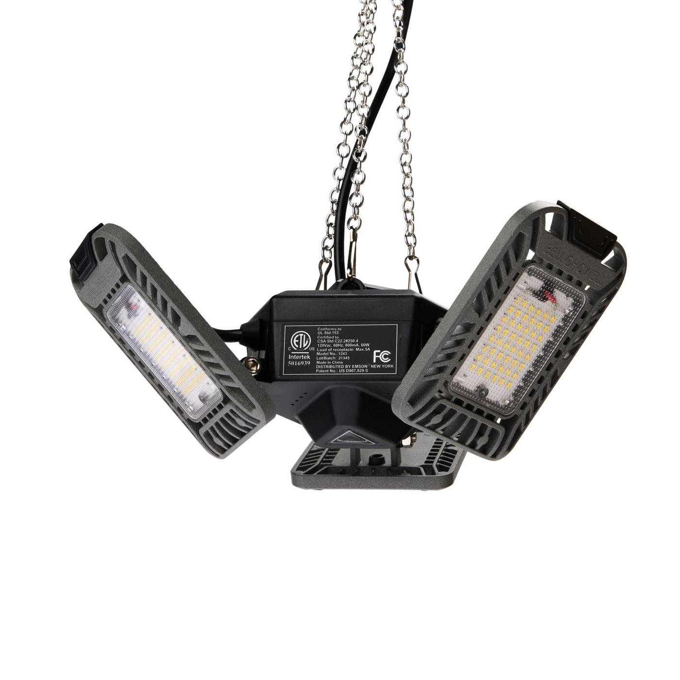 A plug-in LED shop light with a central base and three adjustable, rectangular LED panels on hanging chains, designed for adjustable multi-directional lighting in workspaces.