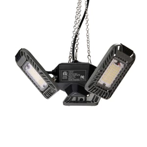 A plug-in LED shop light with a central base and three adjustable, rectangular LED panels on hanging chains, designed for adjustable multi-directional lighting in workspaces.