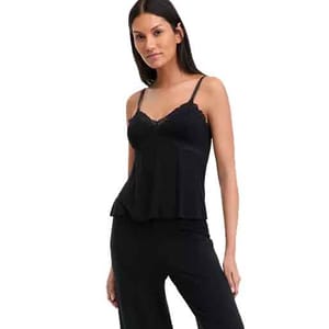 A black, 2-piece pajama set featuring a lace-trim tank top with spaghetti straps and a pair of loose-fitting pajama pants. The tank has a fitted bodice that flares slightly at the waist.