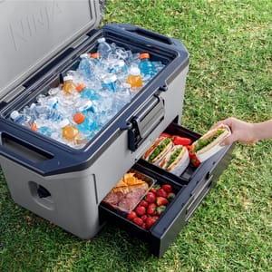 A portable cooler with ice, beverages, and food trays containing sandwiches, fruit, and snacks.