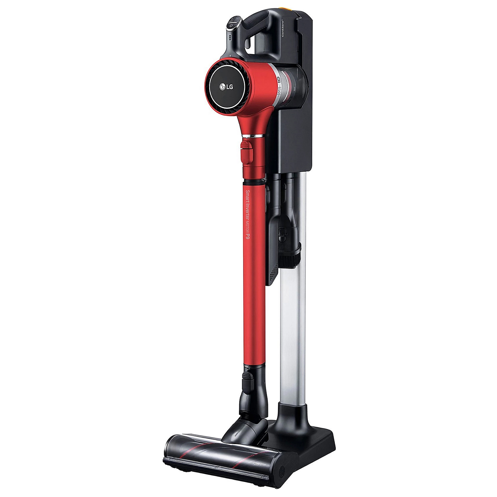 The LG CordZero Vacuum is a cordless stick vacuum with a sleek red design, featuring a charging stand and a powerhead for efficient cleaning.