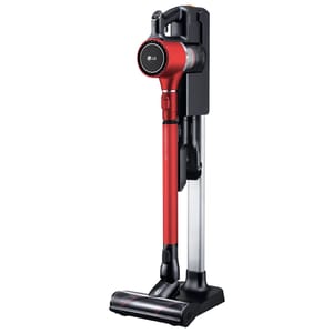 The LG CordZero Vacuum is a cordless stick vacuum with a sleek red design, featuring a charging stand and a powerhead for efficient cleaning.