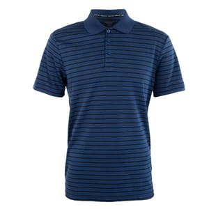 Two striped short-sleeved polo shirts, one blue with thinner stripes and the other with a mix of thicker blue and white stripes. Both have collars and button plackets.