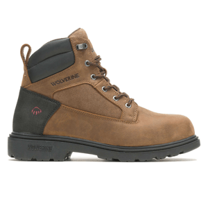 Wolverine Men’s Bulldozer Boots are brown leather work boots featuring black padded collars, metal eyelets, and robust black rubber soles. They offer durability and support for rigorous environments.