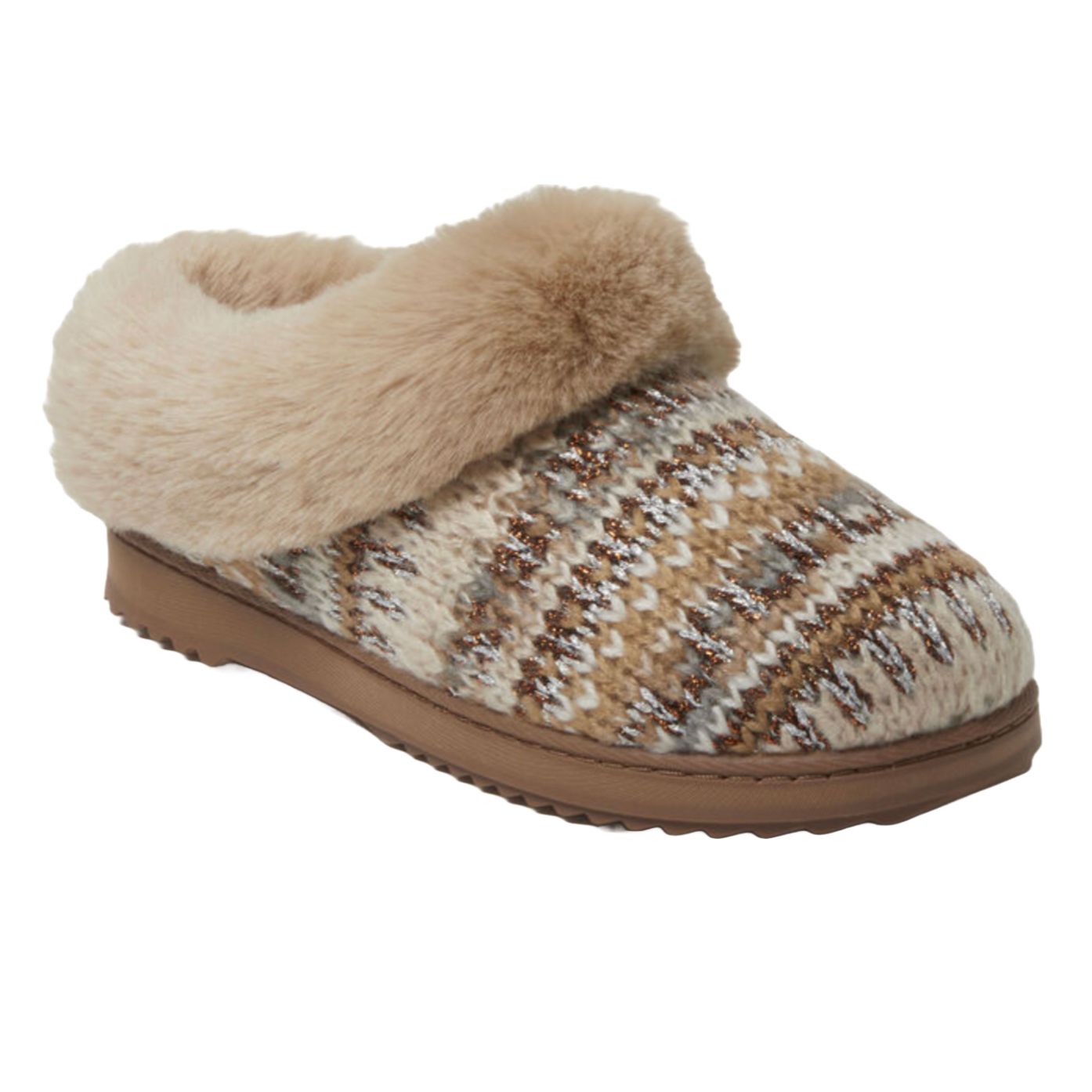 Brown and beige clog slippers with a patterned knit upper and a plush faux fur lining. They feature a durable sole suitable for indoor and light outdoor use.