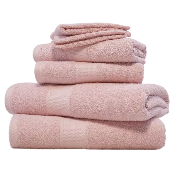 A stack of four light pink towels includes three larger ones at the bottom and a smaller one on top, all neatly folded and featuring a subtle pattern.