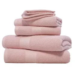 A stack of four light pink towels includes three larger ones at the bottom and a smaller one on top, all neatly folded and featuring a subtle pattern.