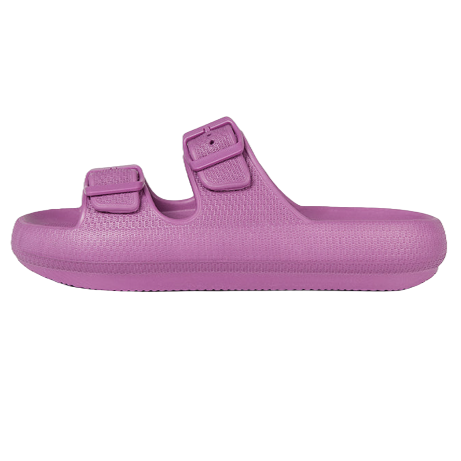 A single purple slip-on sandal with two adjustable straps.