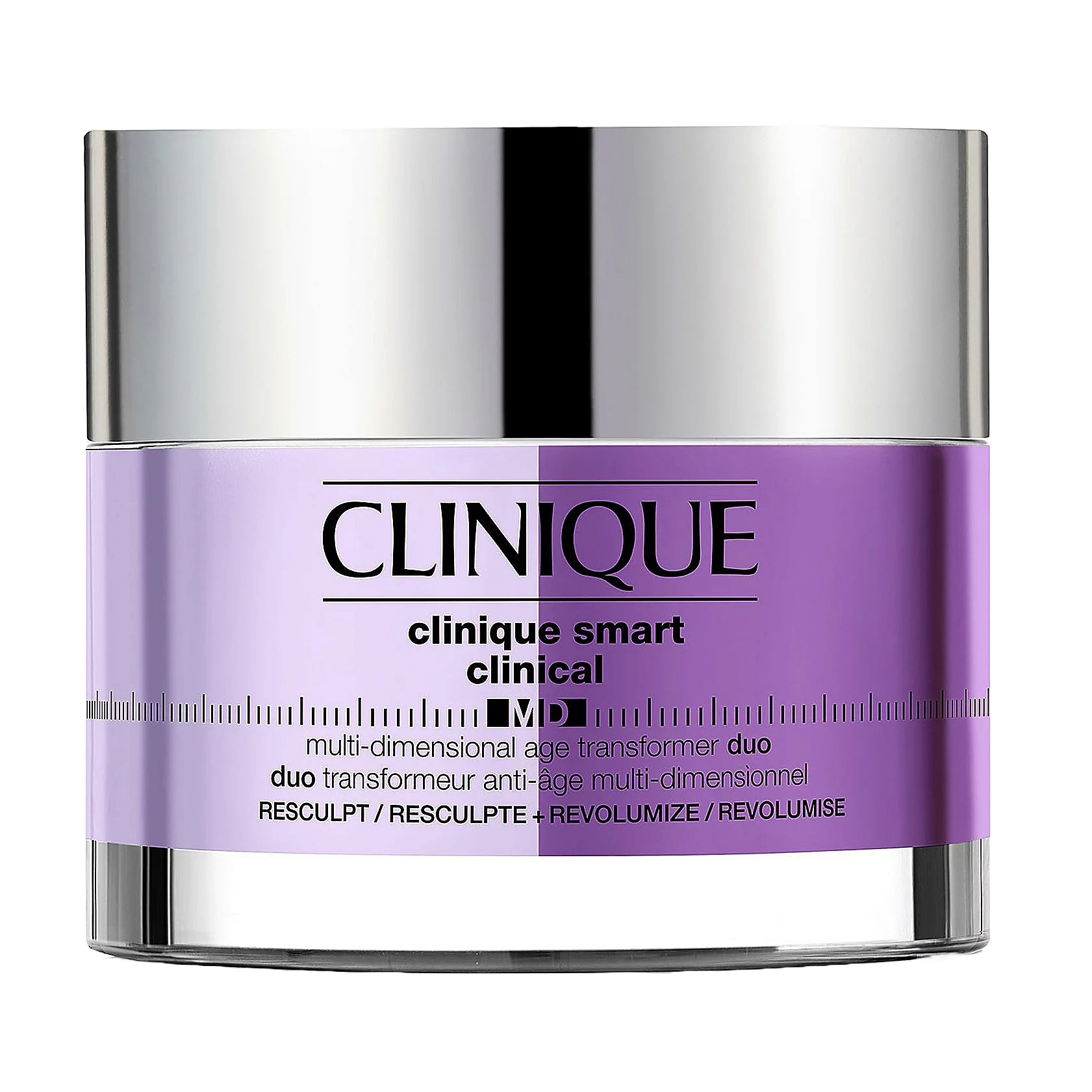 Clinique Smart Clinical MD Moisturizer is a multi-dimensional age transformer duo designed for sculpting and volumizing the skin, packaged in a sleek, dual-chamber container with a silver lid and purple base.