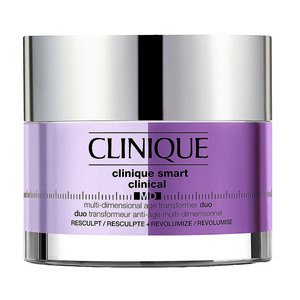 Clinique Smart Clinical MD Moisturizer is a multi-dimensional age transformer duo designed for sculpting and volumizing the skin, packaged in a sleek, dual-chamber container with a silver lid and purple base.