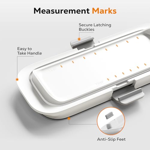 A collapsible dish rack with measurement marks, secure latching buckles, an easy-to-carry handle, and anti-slip feet designed for user convenience.