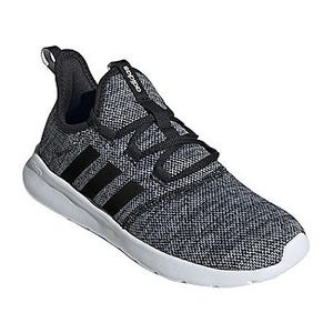 A sleek, lightweight running shoe with a knit upper in a textured grey and black pattern, featuring black Adidas stripes on the sides and a cushioned white Cloudfoam sole for comfort.