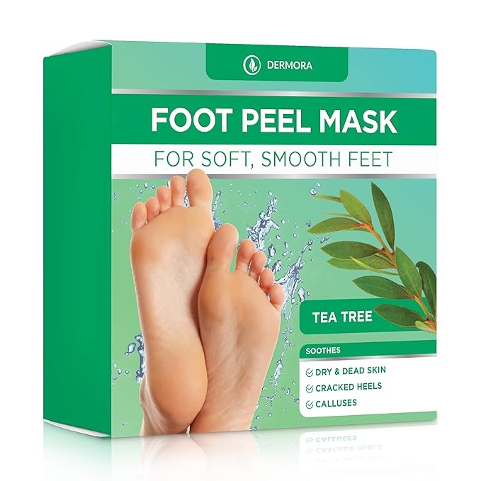 Dermora Foot Peel Mask promotes soft, smooth feet by soothing dry, dead skin, cracked heels, and calluses. It features tea tree and comes in a two-pack.