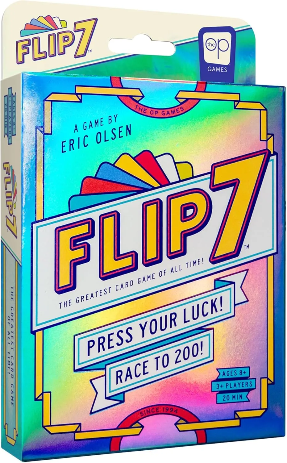 Flip 7, a card game by Eric Olsen from The Op Games, is designed for ages 8 and up, supporting 3 or more players with a playtime of 20 minutes.