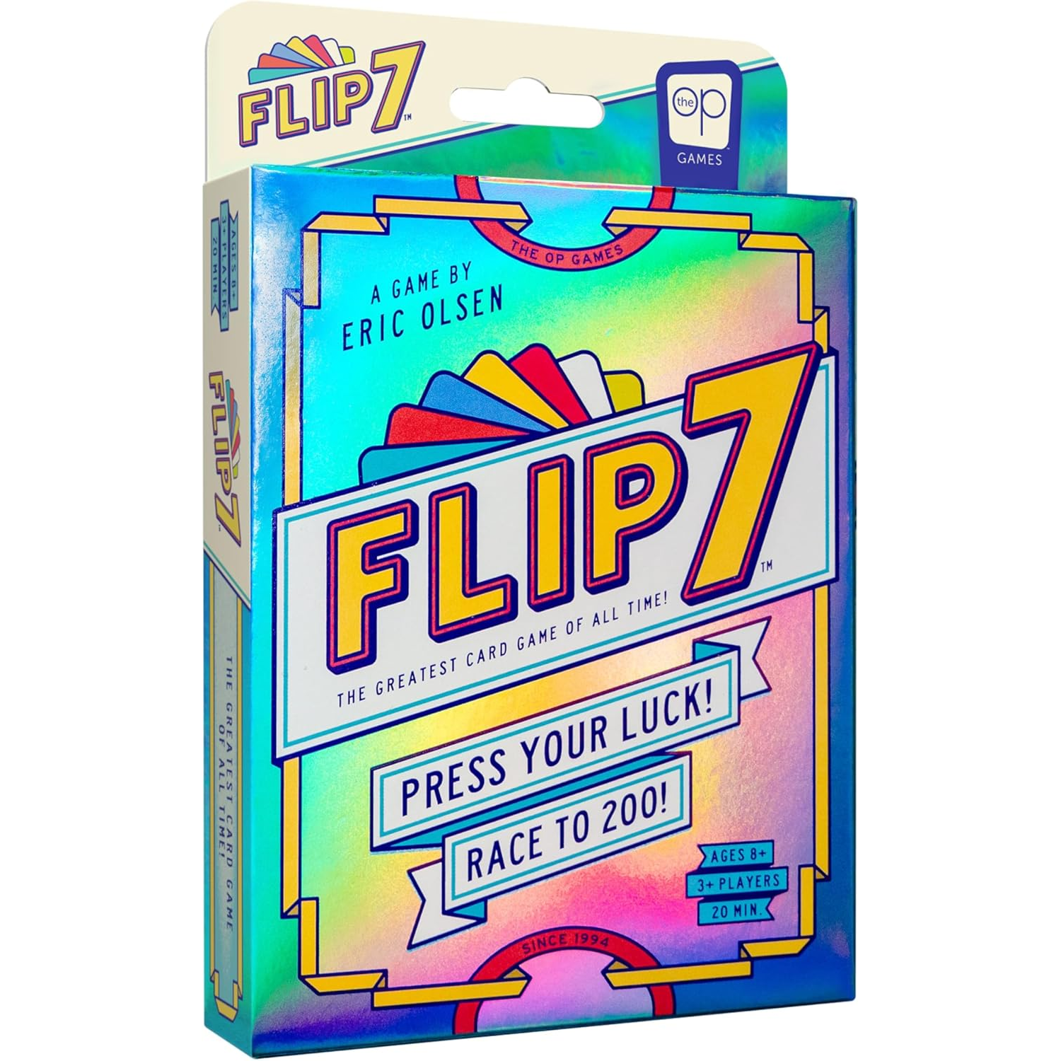 Flip 7, a card game by Eric Olsen from The Op Games, is designed for ages 8 and up, supporting 3 or more players with a playtime of 20 minutes.