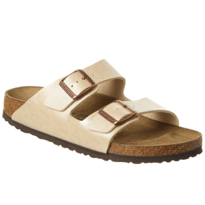 A beige sandal with two adjustable straps and buckles, featuring a cork footbed and a dark rubber sole.