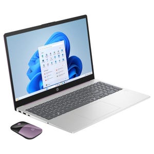 A silver HP laptop with Windows 11 displayed on the screen is paired with a black and purple wireless mouse.