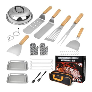 Comprehensive griddle accessories kit includes spatulas, a scraper, tongs, skewers, egg rings, stainless steel trays, basting brushes, a melting dome, heat-resistant mitts, and a storage bag.