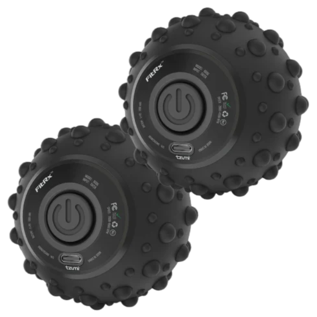 Two black rechargeable massage balls feature a textured surface with raised dots for targeted relief and stimulation. Each has a central power button and USB charging port.