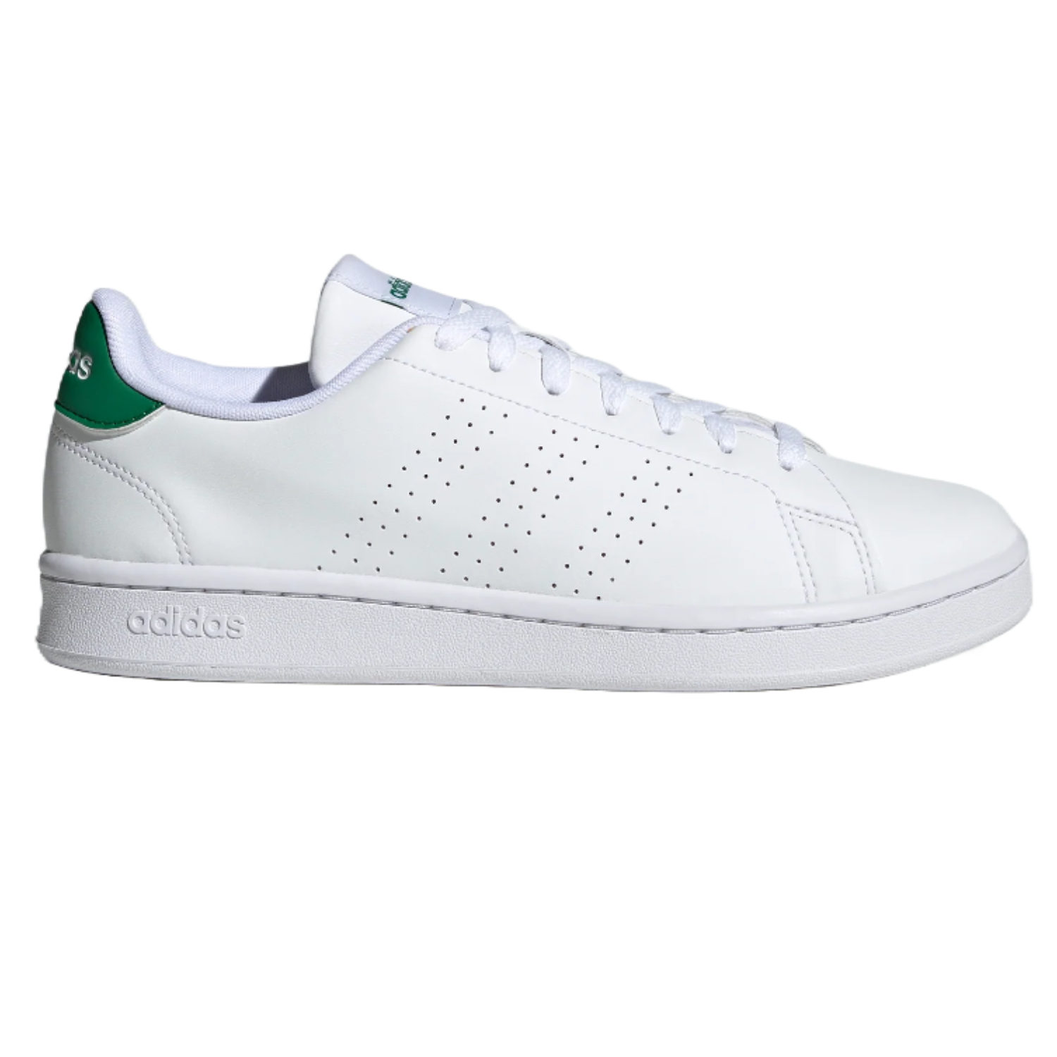 White Adidas sneaker with green detailing on the heel.