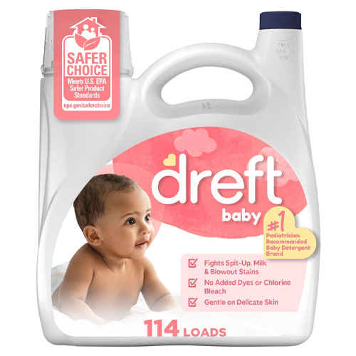 Dreft Baby detergent for 114 loads, recommended by pediatricians. Features include fighting spit-up, milk, and blowout stains, no added dyes or bleach, and gentle on delicate skin. Meets U.S. EPA Safer Product Standards.