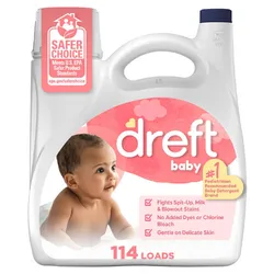 Dreft Baby detergent for 114 loads, recommended by pediatricians. Features include fighting spit-up, milk, and blowout stains, no added dyes or bleach, and gentle on delicate skin. Meets U.S. EPA Safer Product Standards.