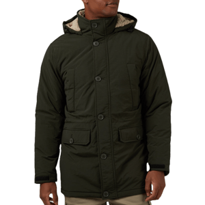 A dark green parka with a hood and button-front closure, featuring a sherpa-lined interior and multiple front pockets. Designed for warmth and functionality.