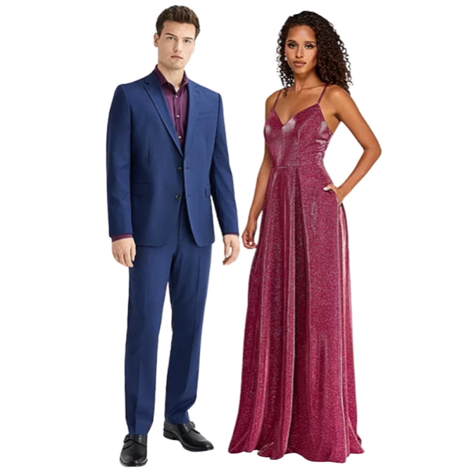 A man in a blue suit with a maroon shirt stands next to a woman wearing a sparkly pink evening gown with thin straps.