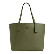 Olive green Coach Outlet City Tote featuring a minimalist design with leather construction, dual shoulder straps, and a small Coach logo on the front.