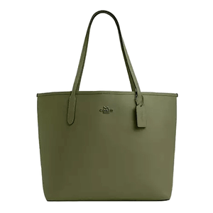 Olive green Coach Outlet City Tote featuring a minimalist design with leather construction, dual shoulder straps, and a small Coach logo on the front.