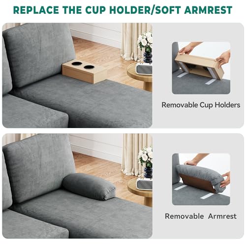 A sofa features a removable cup holder and armrest, allowing quick swaps between the two for customizable comfort.