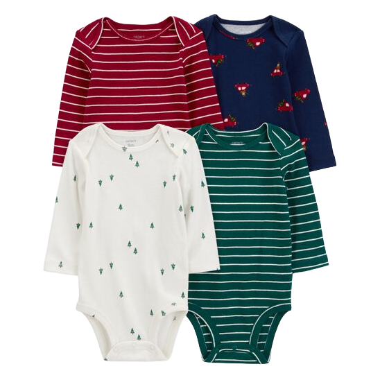 Set of four long-sleeve baby bodysuits in festive designs: red and green stripes, small evergreen trees on white, and navy with red car and tree pattern.