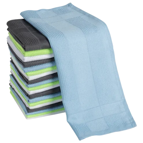 A stack of multi-colored towels, including shades of blue, gray, green, and white, featuring a textured pattern.