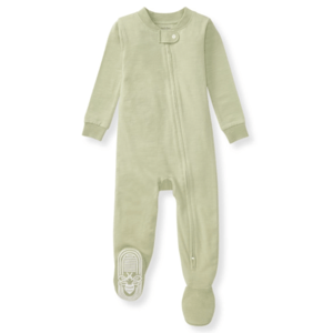 Burt's Bees Honeysoft Baby Pajamas are full-length, mint green footie pajamas with long sleeves, featuring a front zipper closure and non-slip grip on the soles.