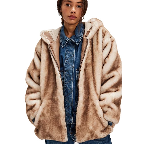 Hannah Hooded Fur Coat features a plush, beige-brown faux fur design with an oversized fit and a cozy hood. It is paired with a denim jacket for a stylish layered look.
