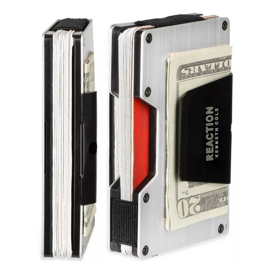 The Kenneth Cole RFID-Blocking Money Clip is a compact, aluminum wallet featuring an elastic band, card compartment, and clip for holding cash securely, designed to prevent unauthorized scanning of cards.