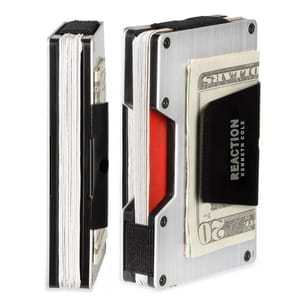 The Kenneth Cole RFID-Blocking Money Clip is a compact, aluminum wallet featuring an elastic band, card compartment, and clip for holding cash securely, designed to prevent unauthorized scanning of cards.