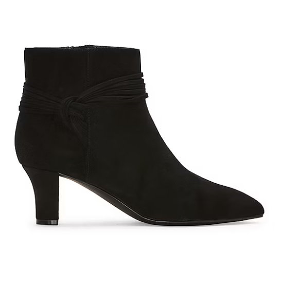 Black suede ankle boot with a mid-height heel and wraparound strap detail.